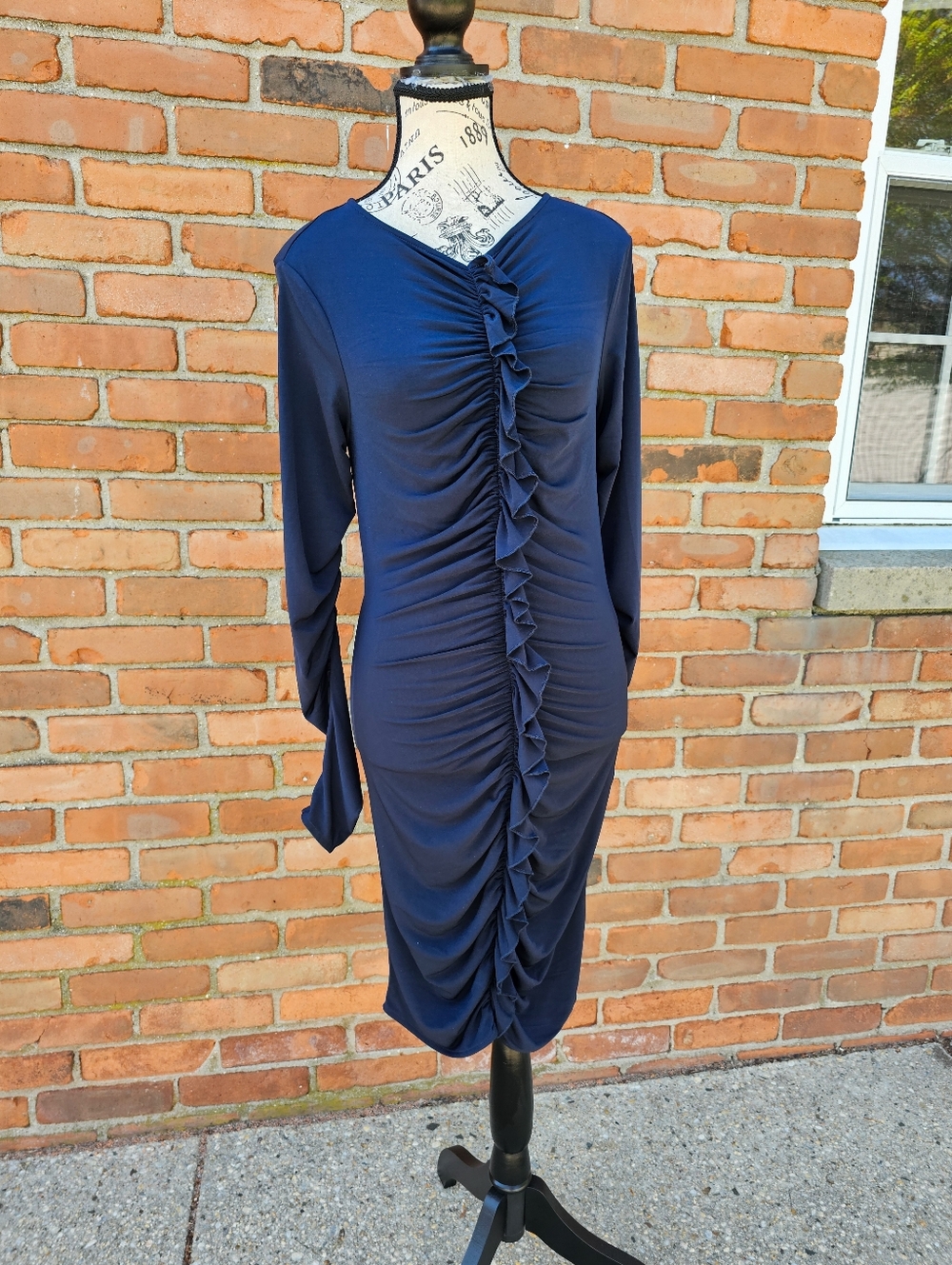 REISS Ruched Bodycon Dress Navy Long Sleeve Ruffle Detail Midi Dress US 4